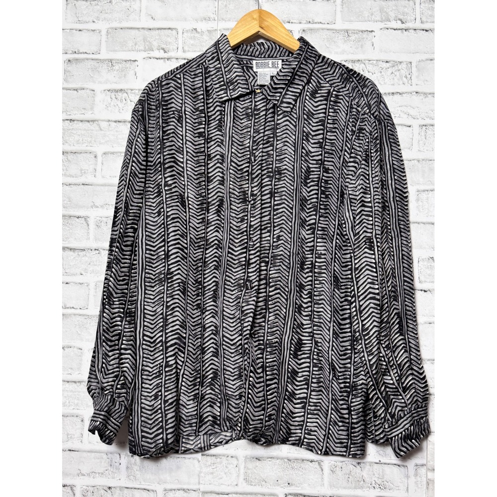 Robbie Bee Vintage 100% Silk Button Down Shirt Black Gray Chevron Print Large